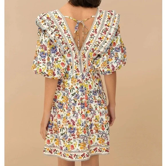 New! FARM RIO ruffled floral-print linen mini dress size M